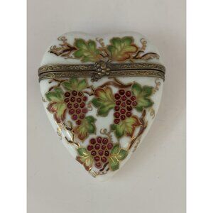 Rochard Limoges France Grapes Heart Trinket Box Hand Painted Porcelain Pill
